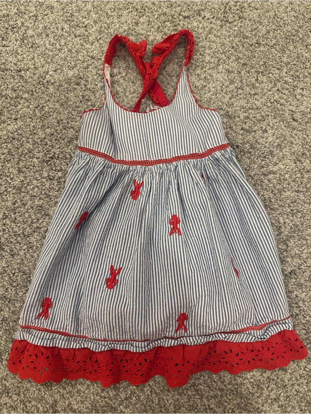 Girls' Blue & Red Striped Sundress with Red Embroidery
